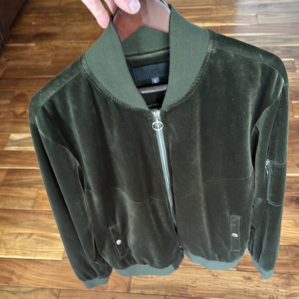 Olive Green Velvet Bomber Jacket